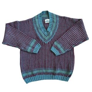 Vintage 90s Red Blue & Green Chunky Knit Linen Blend V Neck Sweater Size Medium